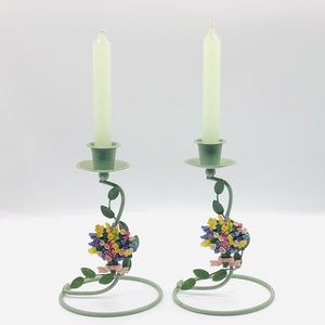 Spring Easter Floral Flower Green Wrought Iron Candlestick Holders with Candles